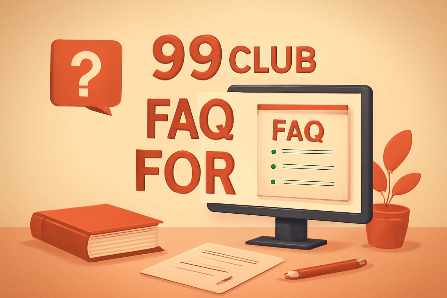 An informational scene illustrating the FAQ for 99 Club, highlighting its features and support.