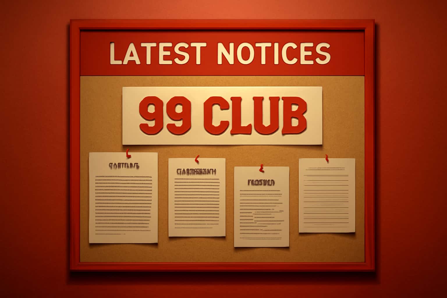 A visually engaging scene showcasing the Latest 99 Club Notices, featuring the text '99 Club' in a high-tech, 3D design.